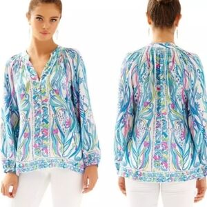 Lilly Pulitzer Elsa Silk Blouse Top Long Sleeve Size XS Blue/Pink